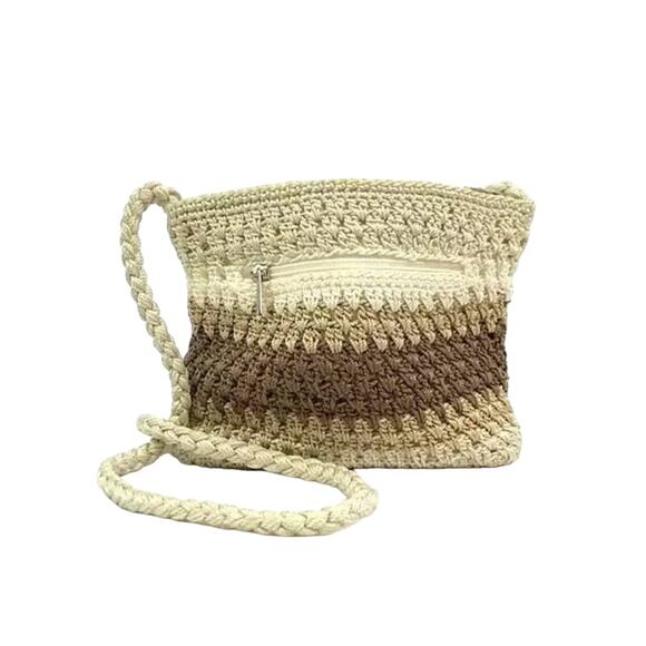 Lina Crocheted Knit Handbag Purse Shoulder Cream Beige Brown Braided Handle - Picture 1 of 10